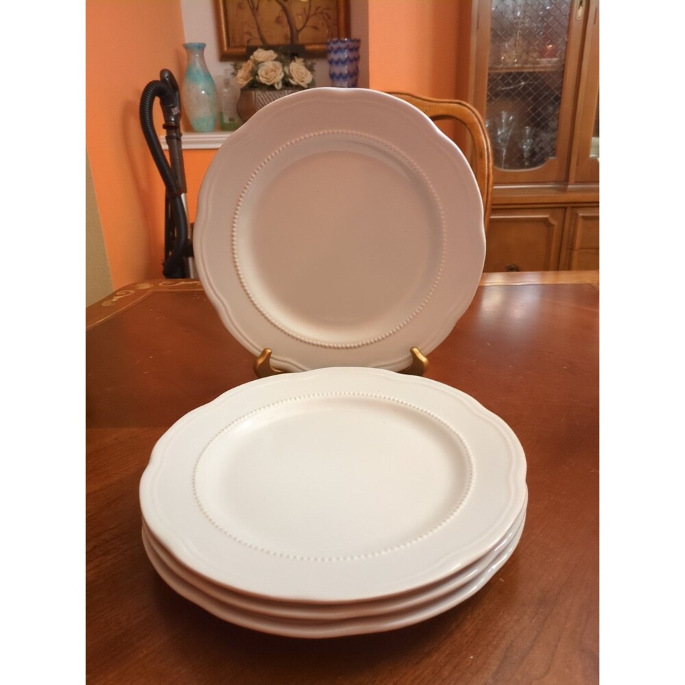 Pottery Barn Outlet Set Of 4 White Beaded Scalloped 11" Dinner plates